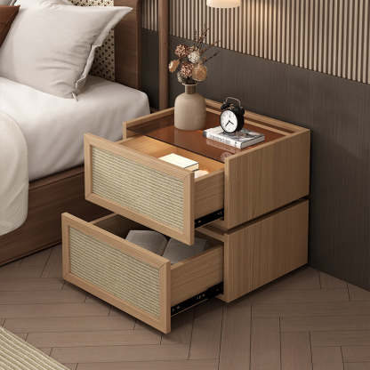 Minimalist Wood Rattan Glass 2-Drawer Nightstand — Original Wood Color / Wood