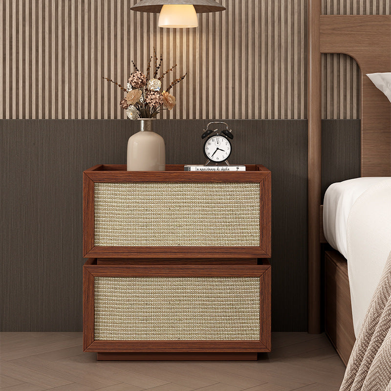 Minimalist Wood Rattan Glass 2-Drawer Nightstand
