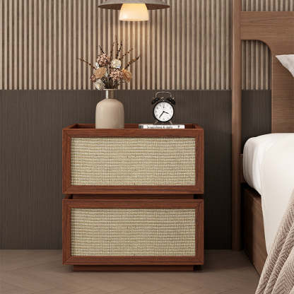 Minimalist Wood Rattan Glass 2-Drawer Nightstand