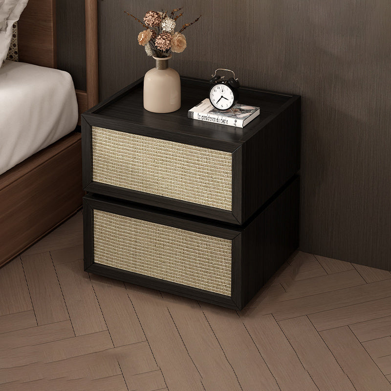 Minimalist Wood Rattan Glass 2-Drawer Nightstand — Black / Wood