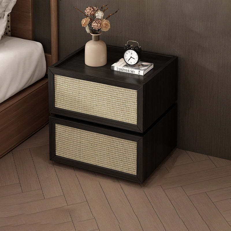 Minimalist Wood Rattan Glass 2-Drawer Nightstand — Black / Wood
