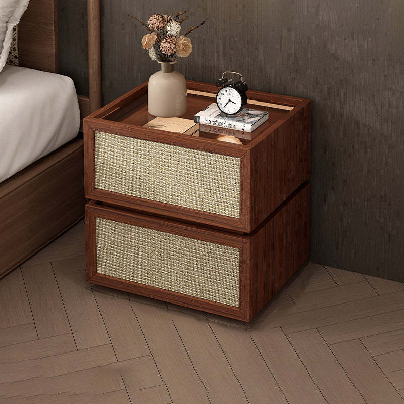 Minimalist Wood Rattan Glass 2-Drawer Nightstand — Original Wood Color / Glass
