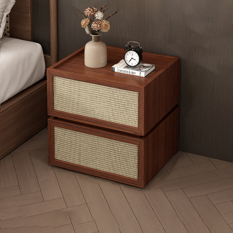 Minimalist Wood Rattan Glass 2-Drawer Nightstand — Black / Wood