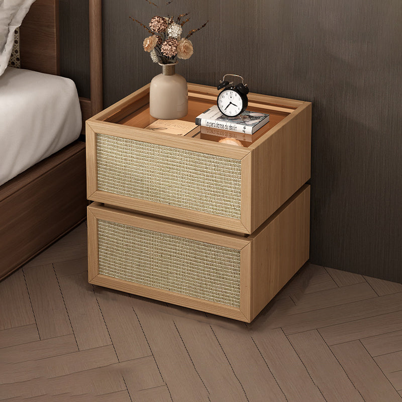Minimalist Wood Rattan Glass 2-Drawer Nightstand — Black / Glass