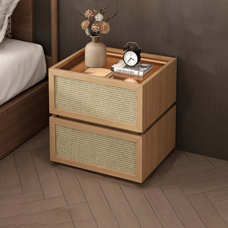 Minimalist Wood Rattan Glass 2-Drawer Nightstand — Black / Glass