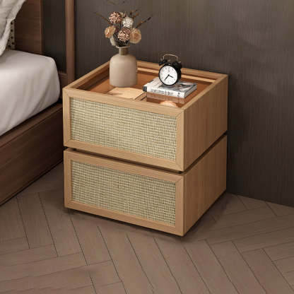 Minimalist Wood Rattan Glass 2-Drawer Nightstand — Black / Glass