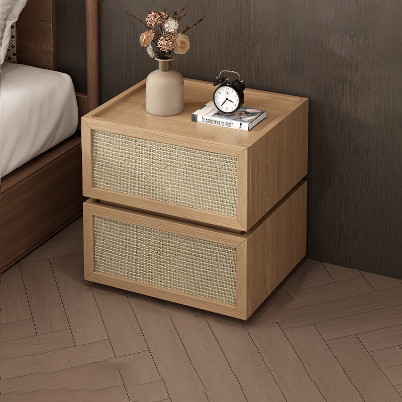 Minimalist Wood Rattan Glass 2-Drawer Nightstand
