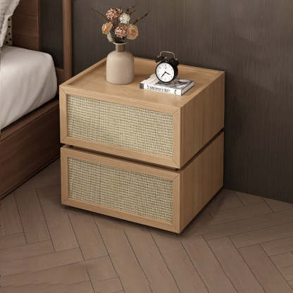 Minimalist Wood Rattan Glass 2-Drawer Nightstand — Original Wood Color / Wood