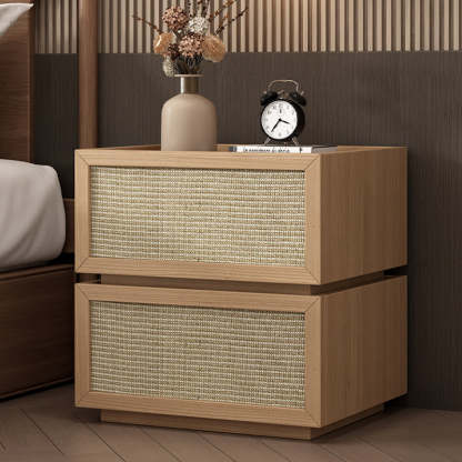 Minimalist Wood Rattan Glass 2-Drawer Nightstand