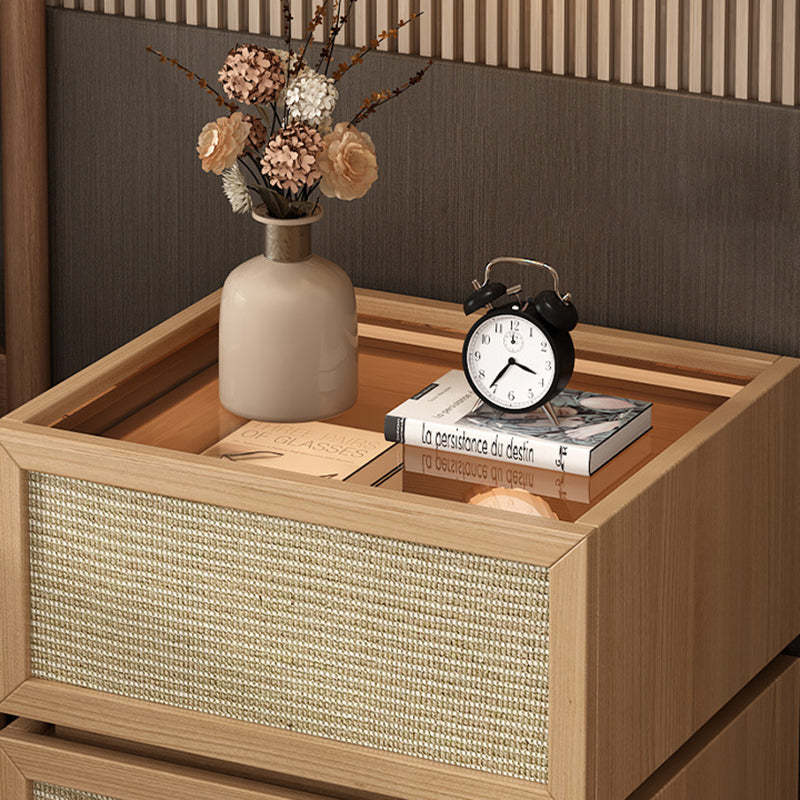 Minimalist Wood Rattan Glass 2-Drawer Nightstand — Teak Color / Glass