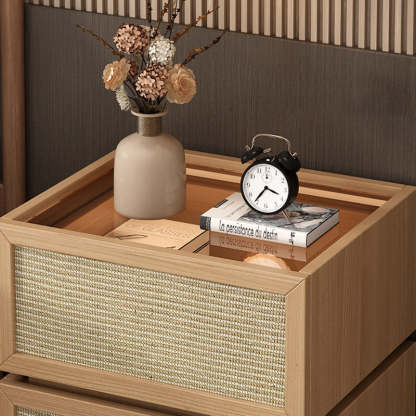 Minimalist Wood Rattan Glass 2-Drawer Nightstand — Teak Color / Glass