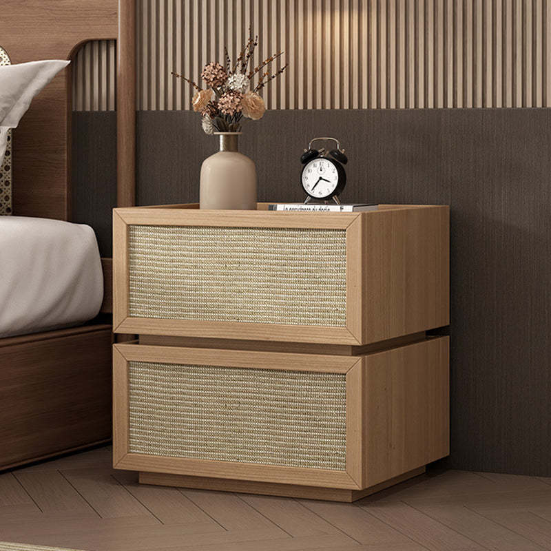 Minimalist Wood Rattan Glass 2-Drawer Nightstand