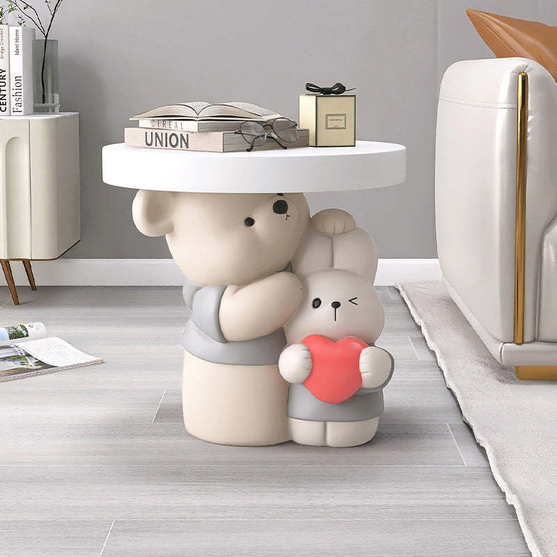 Contemporary Resin Bear Bunny Base Round Side Table — Gray