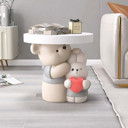 Contemporary Resin Bear Bunny Base Round Side Table — Gray