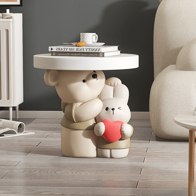 Contemporary Resin Bear Bunny Base Round Side Table — Pink