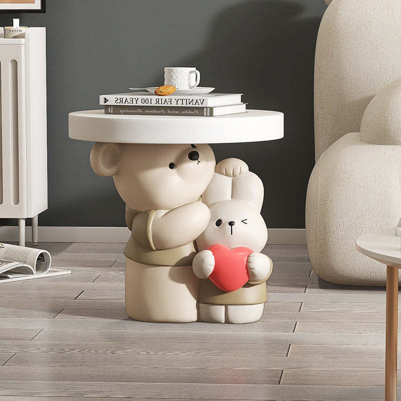 Contemporary Resin Bear Bunny Base Round Side Table — Pink