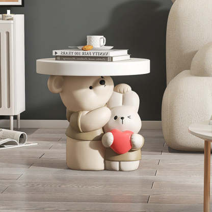 Contemporary Resin Bear Bunny Base Round Side Table — Pink