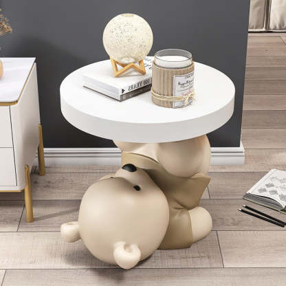 Contemporary Resin Bear Base Round Side Table — Gray