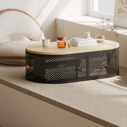 Minimalist Plank Iron Oval Coffee Table — Black