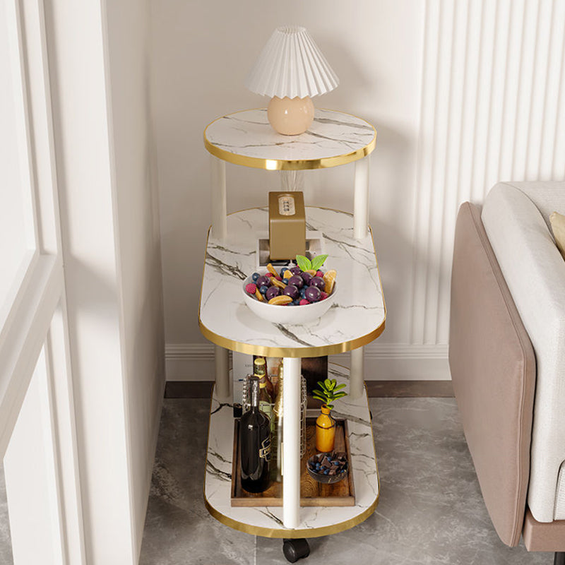 Minimalist Rock Slab Wood Oval 3-Tier Side Table — Without Wheel / Marble White