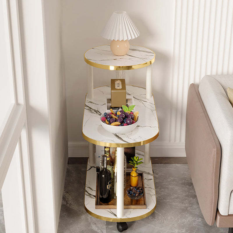Minimalist Rock Slab Wood Oval 3-Tier Side Table — Without Wheel / Marble White