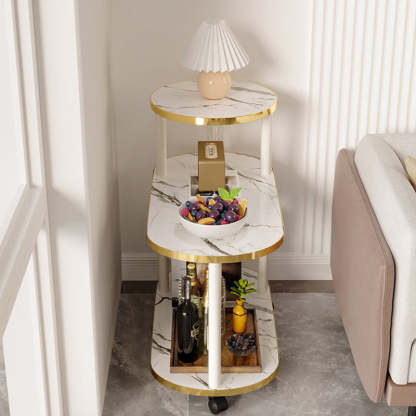 Minimalist Rock Slab Wood Oval 3-Tier Side Table — Without Wheel / Marble White