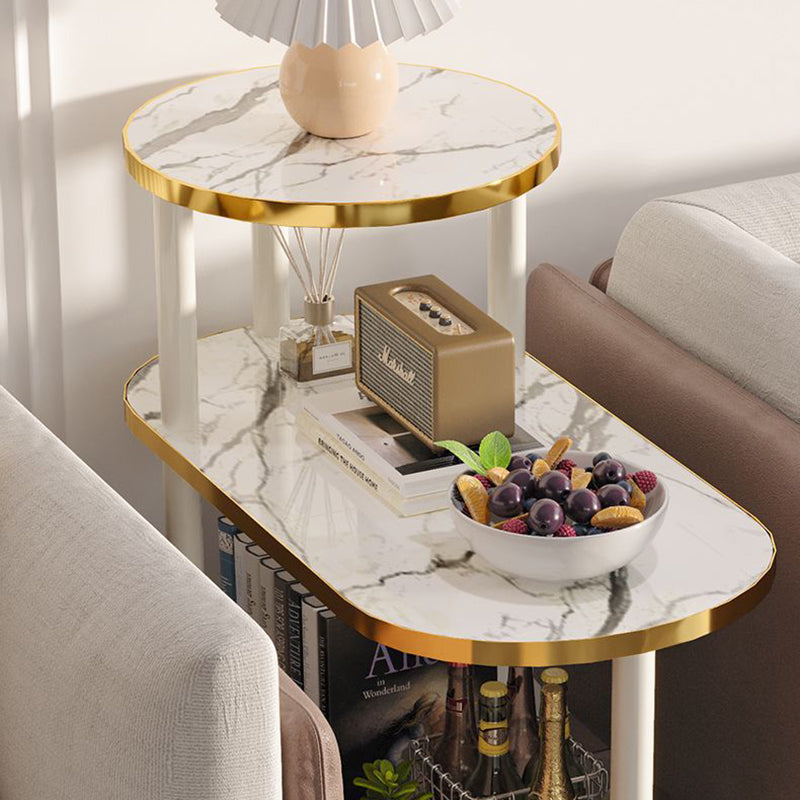 Minimalist Rock Slab Wood Oval 3-Tier Side Table