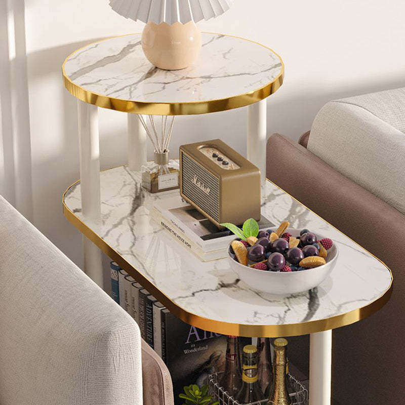 Minimalist Rock Slab Wood Oval 3-Tier Side Table