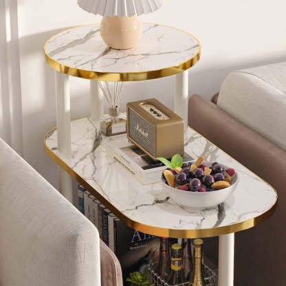 Minimalist Rock Slab Wood Oval 3-Tier Side Table