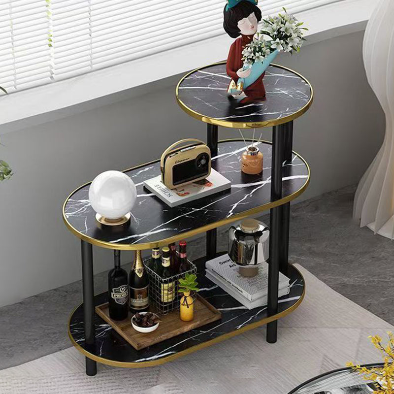 Minimalist Rock Slab Wood Oval 3-Tier Side Table — Without Wheel / Marble Black