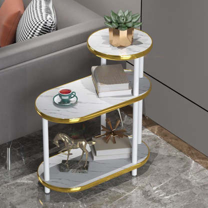 Minimalist Rock Slab Wood Oval 3-Tier Side Table