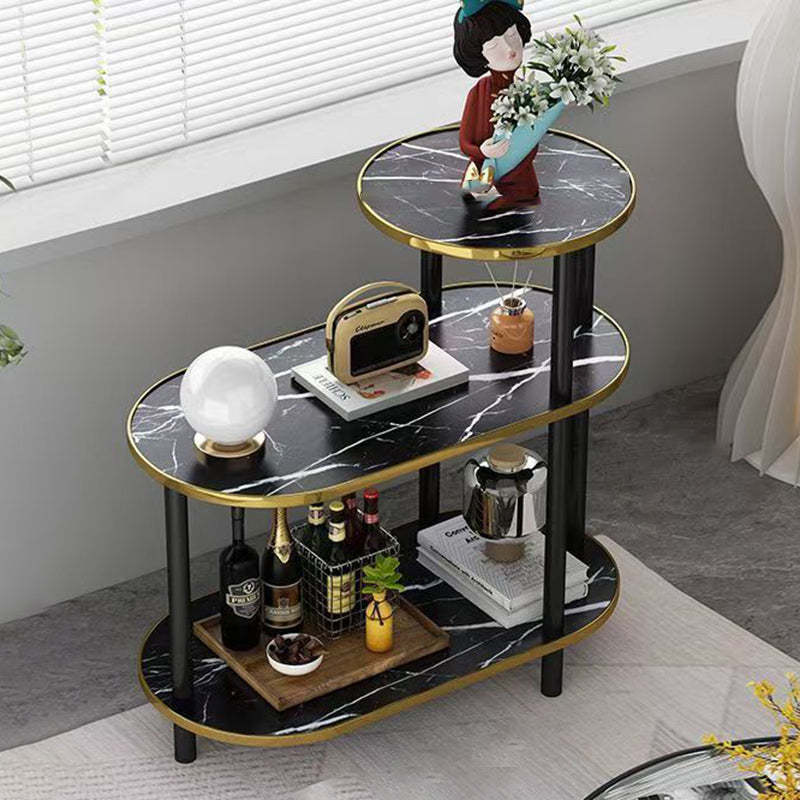 Minimalist Rock Slab Wood Oval 3-Tier Side Table — Without Wheel / Marble Black