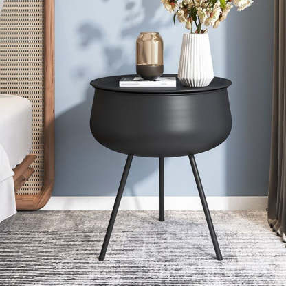 Nordic Iron Round 1-Storage Nightstand — Black