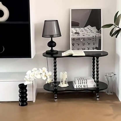 French Plank Wood Oval Side Table — Short / Black