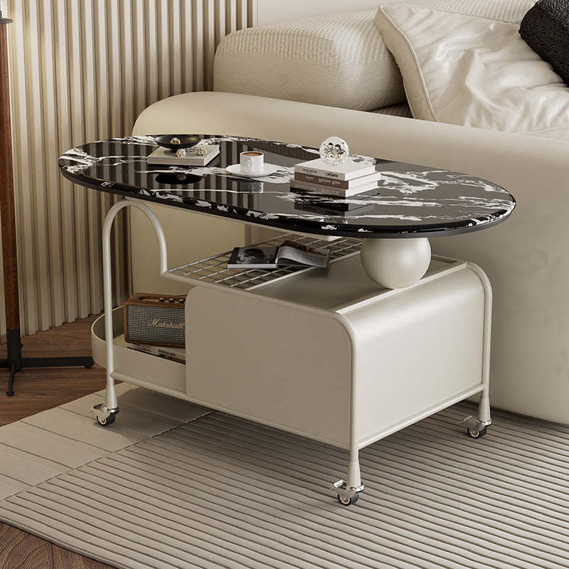 Nordic Microcrystalline Stone Carbon Steel Oval Side Table — Black Base + Marble Black