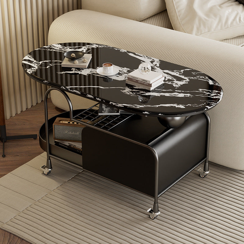 Nordic Microcrystalline Stone Carbon Steel Oval Side Table — Black Base + Marble White