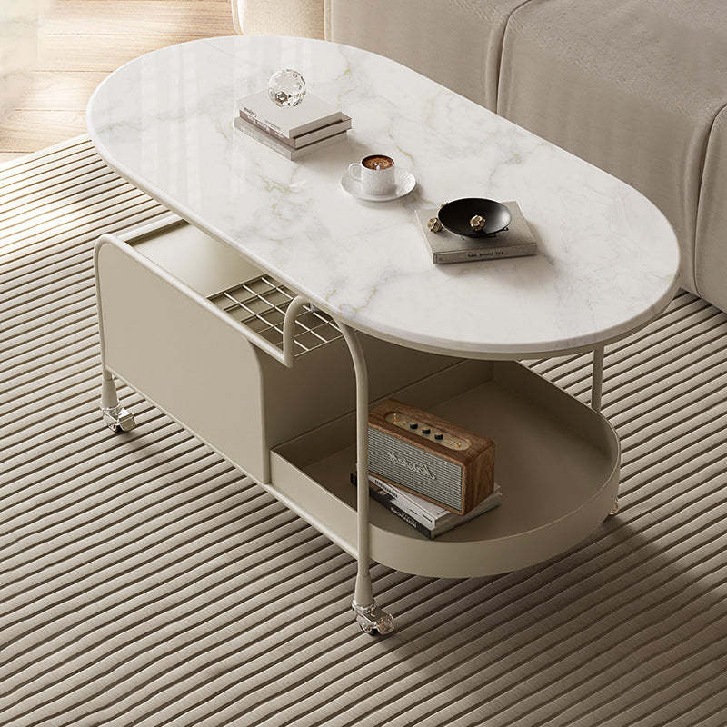 Nordic Microcrystalline Stone Carbon Steel Oval Side Table — White Base + Marble Black