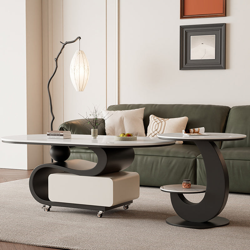 Nordic Rock Slab Carbon Steel Oval 1-Drawer Coffee Table