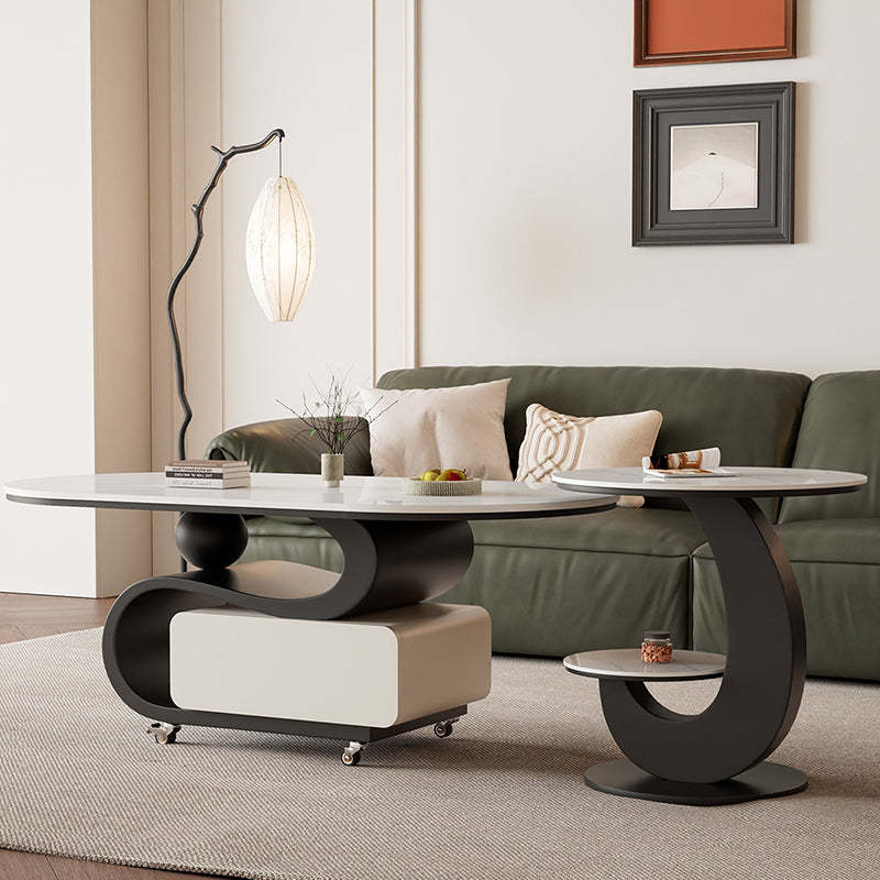 Nordic Rock Slab Carbon Steel Oval 1-Drawer Coffee Table