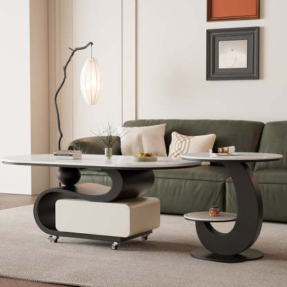 Nordic Rock Slab Carbon Steel Oval 1-Drawer Coffee Table