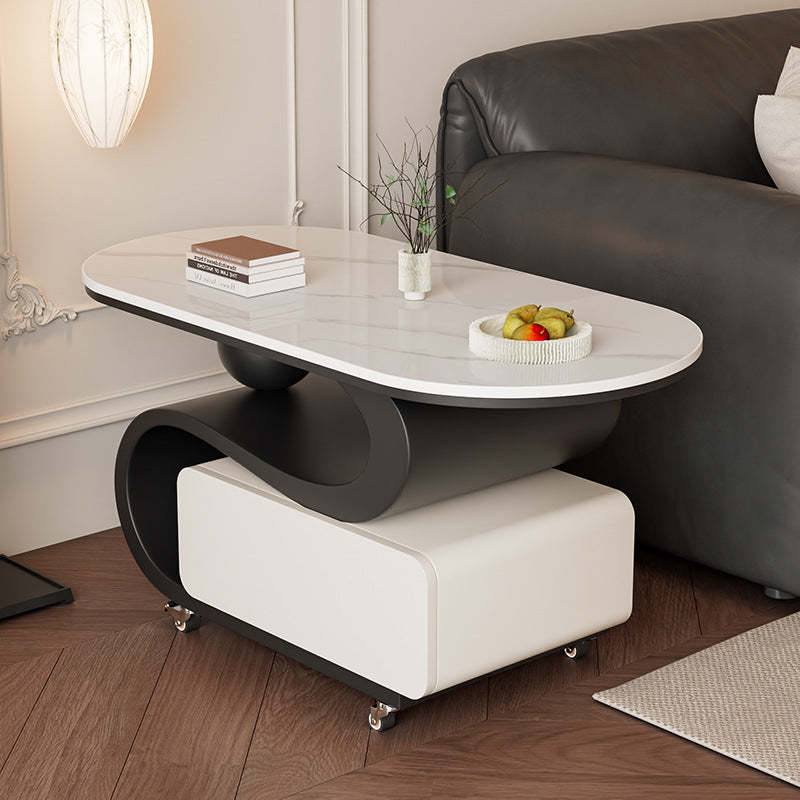Nordic Rock Slab Carbon Steel Oval 1-Drawer Coffee Table — Black