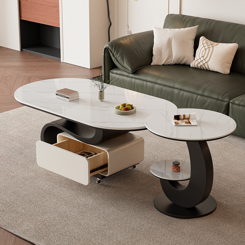 Nordic Rock Slab Carbon Steel Oval 1-Drawer Coffee Table