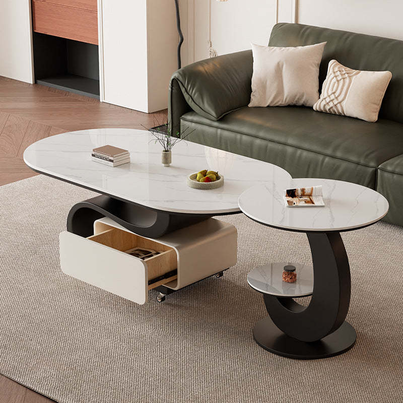 Nordic Rock Slab Carbon Steel Oval 1-Drawer Coffee Table