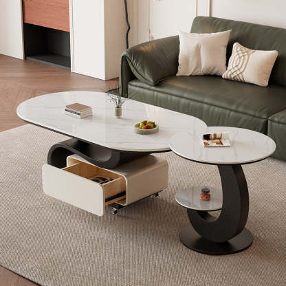 Nordic Rock Slab Carbon Steel Oval 1-Drawer Coffee Table