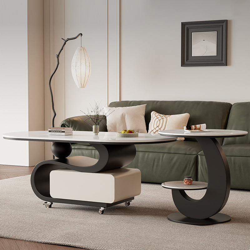 Nordic Rock Slab Carbon Steel Oval 1-Drawer Coffee Table