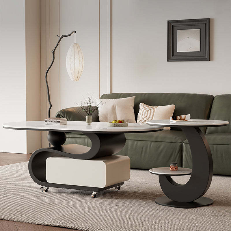 Nordic Rock Slab Carbon Steel Oval 1-Drawer Coffee Table