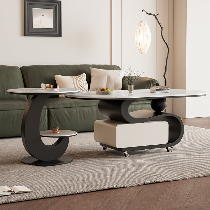 Nordic Rock Slab Carbon Steel Oval 1-Drawer Coffee Table