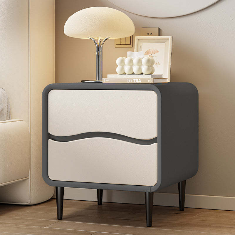 Minimalist Microfiber Leather 2-Drawer Nightstand — Khaki + Beige