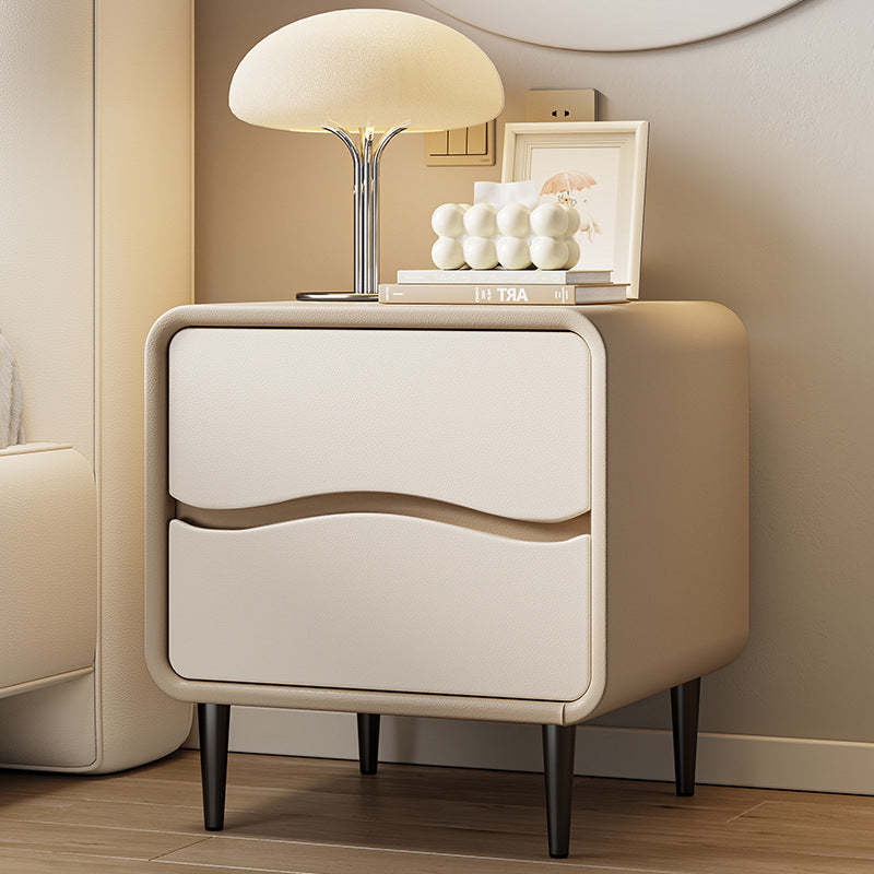 Minimalist Microfiber Leather 2-Drawer Nightstand — Light Gray + Beige