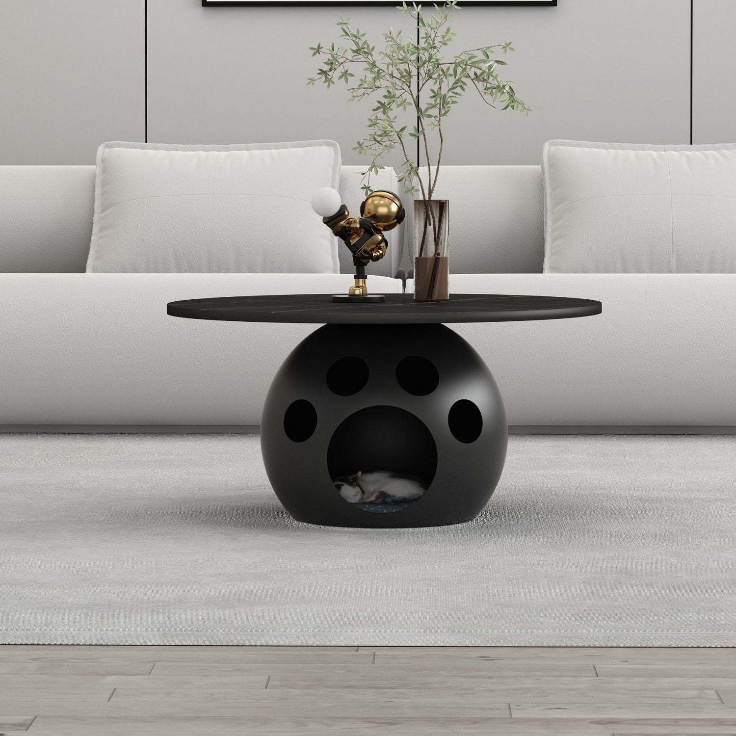 Minimalist Steel Wood Stone Round Coffee Table